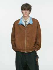 Cougarsong - Men's Check Panel Faux Suede Jacket