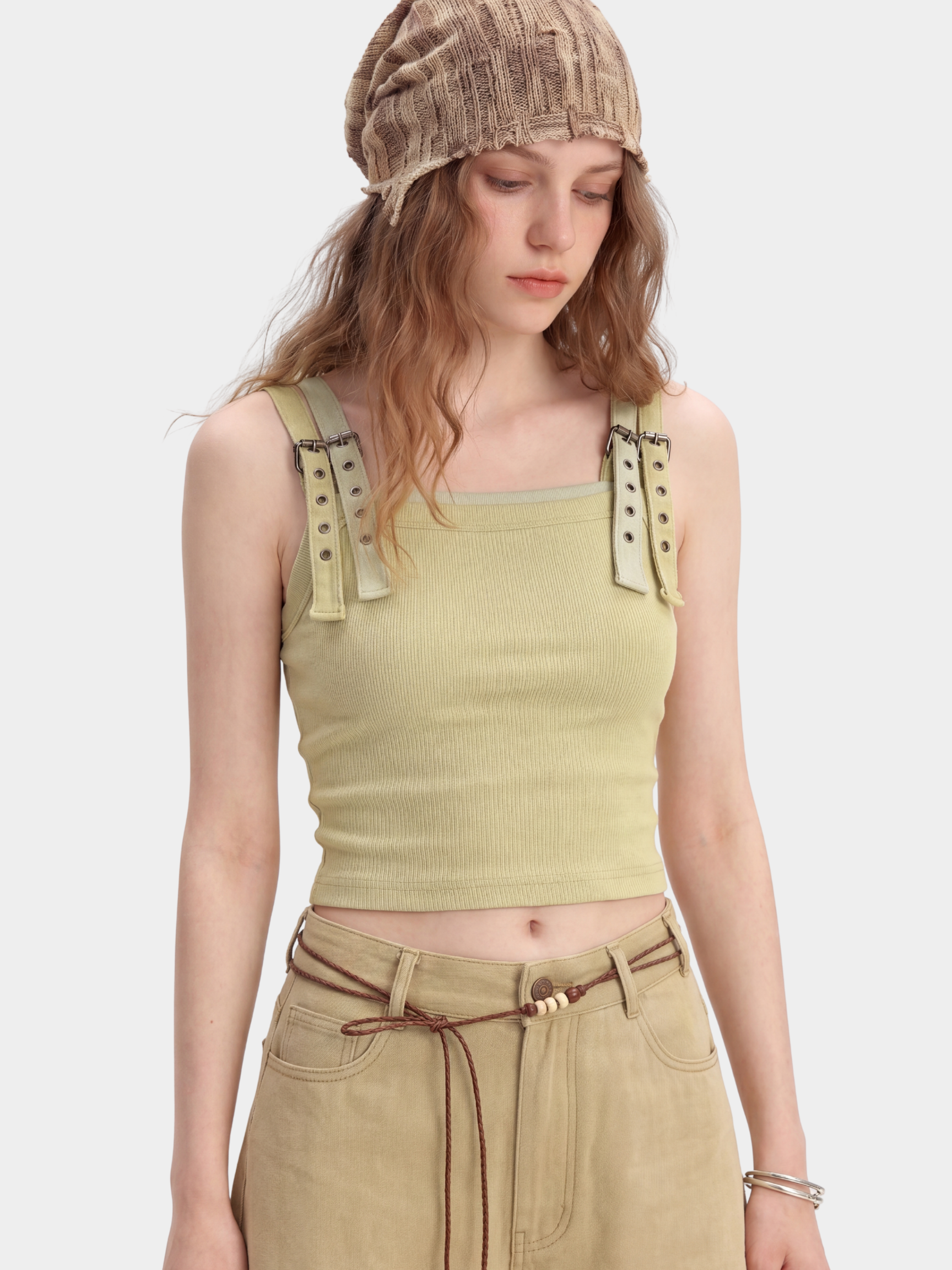 SatinFlow - Women's Adjustable Strap Two-Layer Look Cropped Tank Top