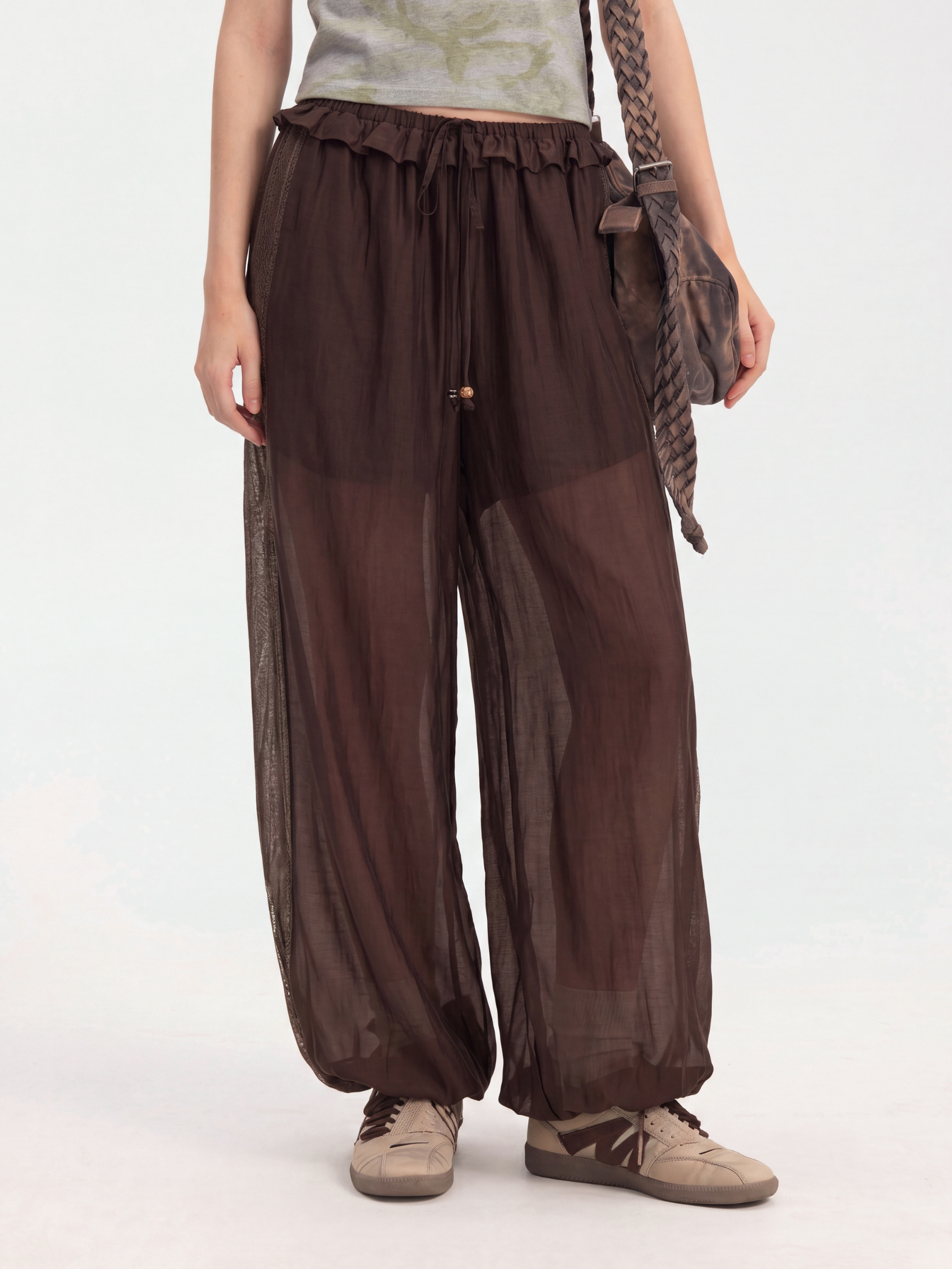 BirchWisp - Women's Lace Panel Drawstring Waist Balloon Pants